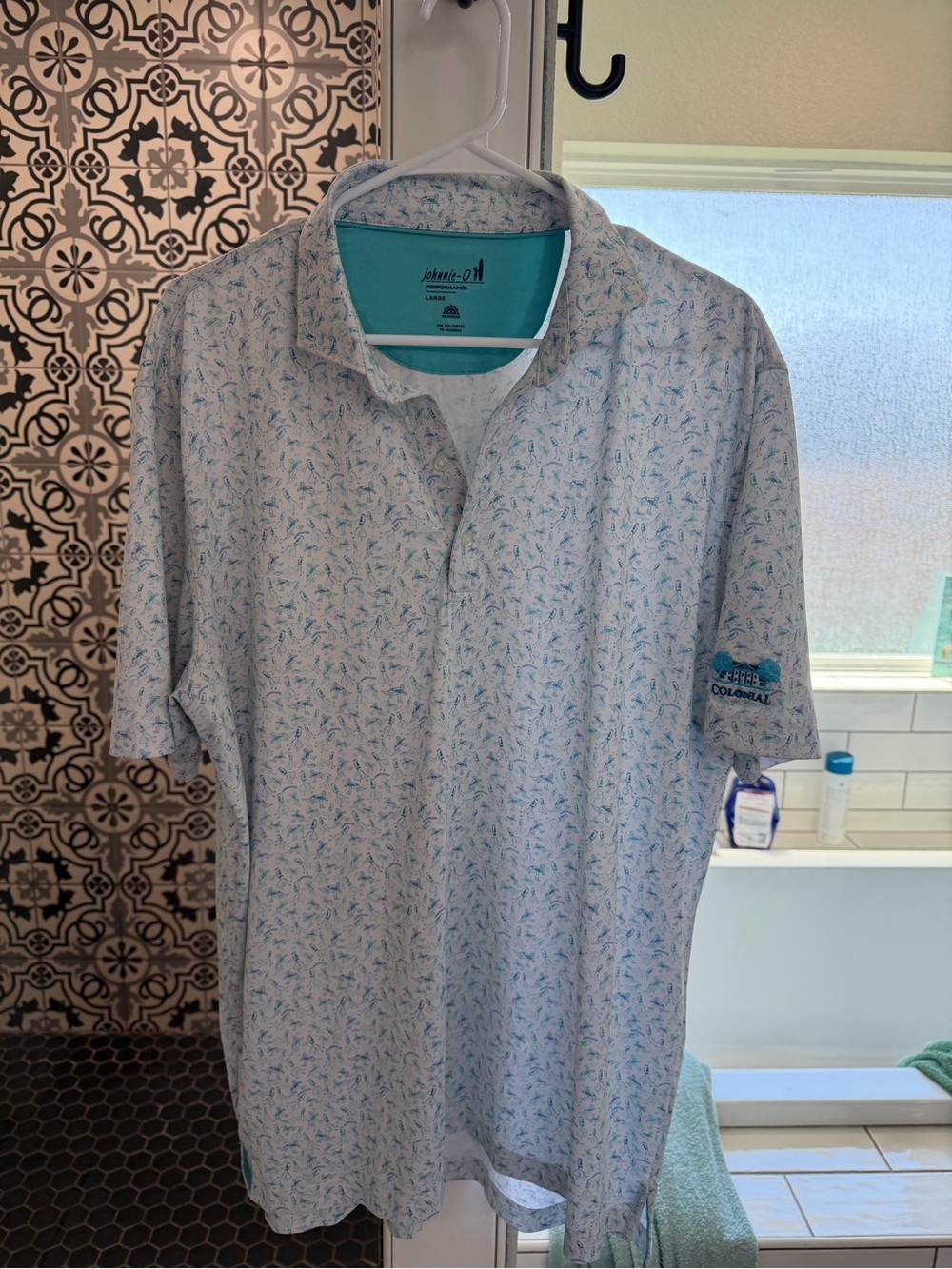 johnnie-O Light Blue Micro Print Polo with Teal Collar Accents